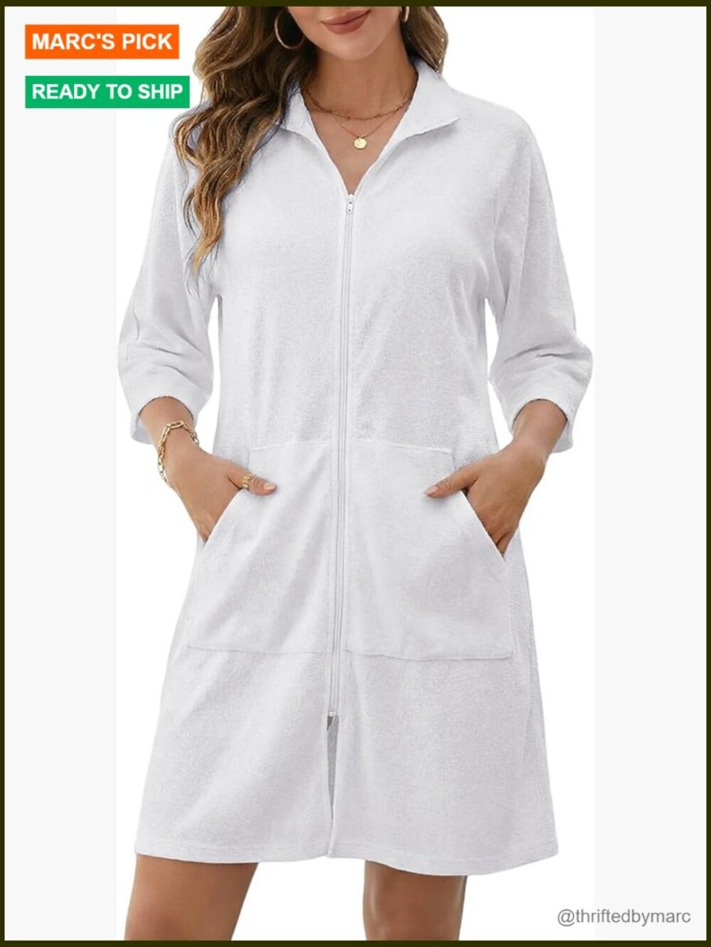 Terry Cloth Zip Up Swim Cover Up 3/4 Sleeve with Pockets